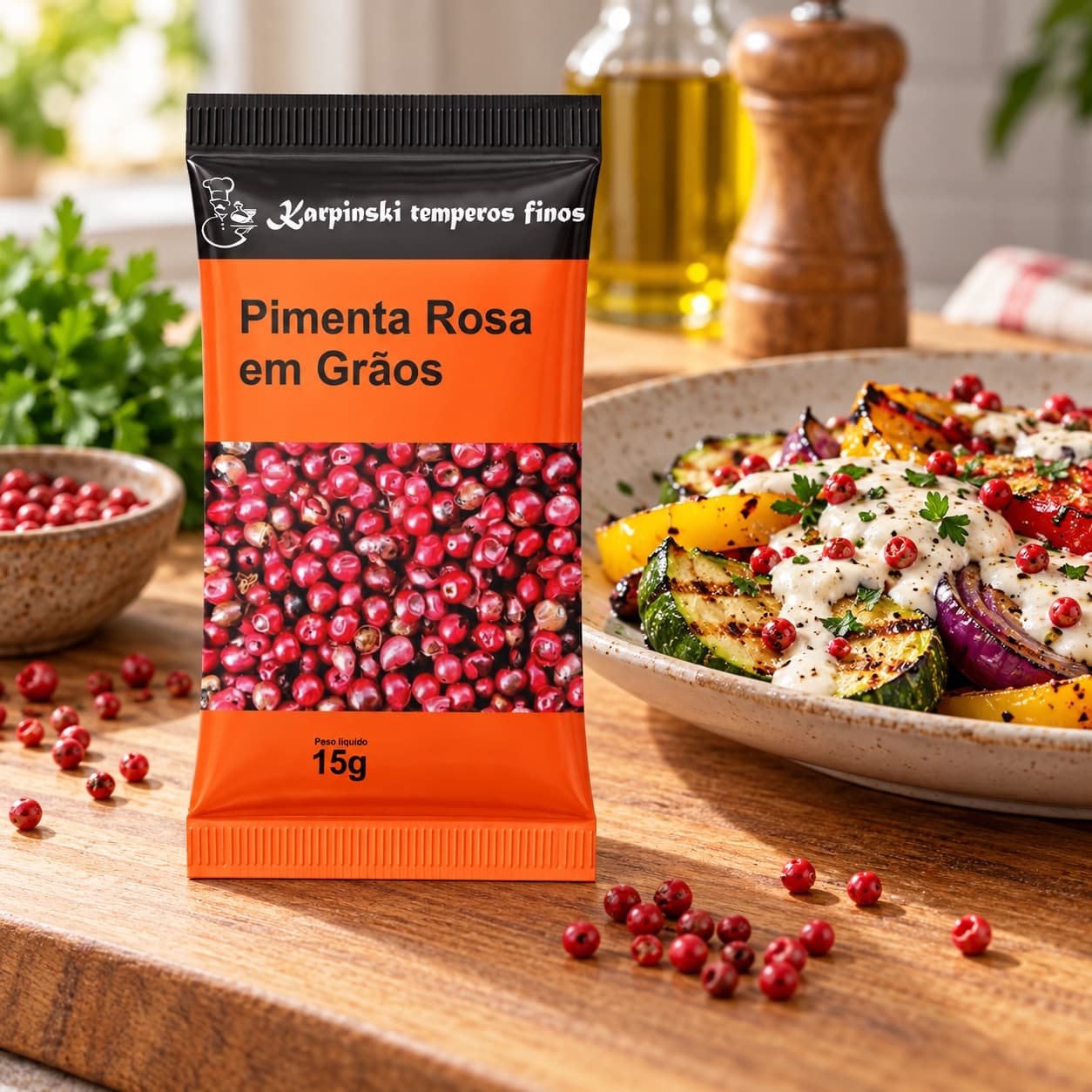 Tempero Pimenta Rosa em Grãos em Sachê Karpinski 15 g — no preparo com legumes grelhados com molho cremoso