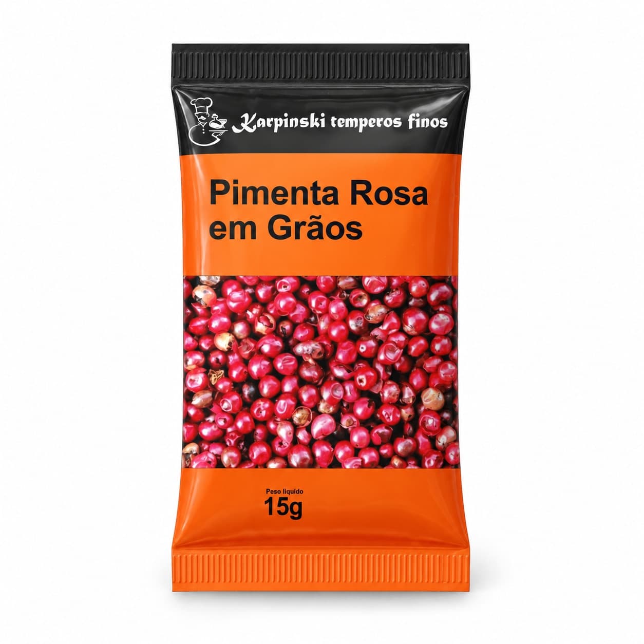 Tempero Pimenta Rosa em Grãos em Sachê Karpinski 15 g — embalagem em fundo branco