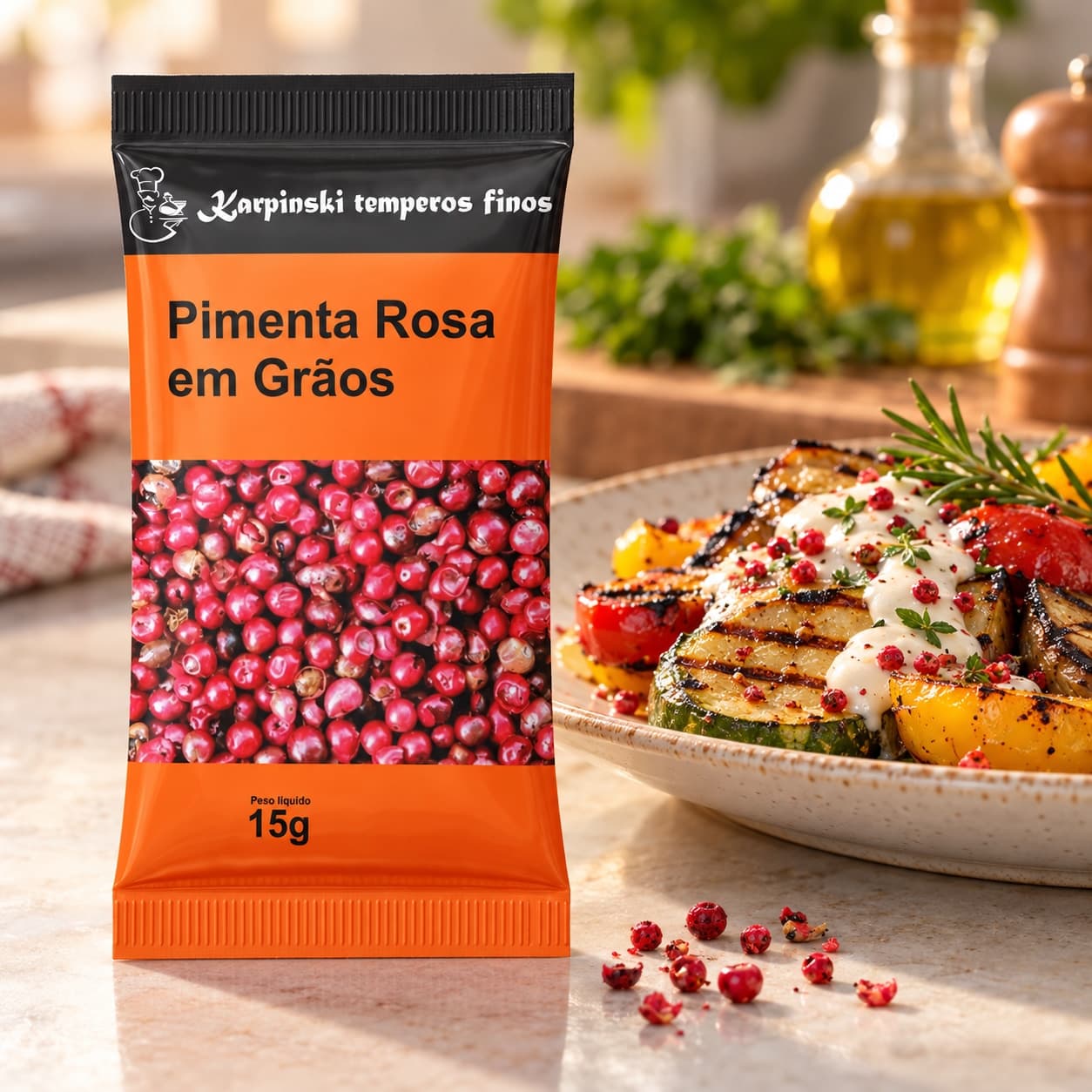 Tempero Pimenta Rosa em Grãos em Sachê Karpinski 15 g — com legumes grelhados com molho cremoso