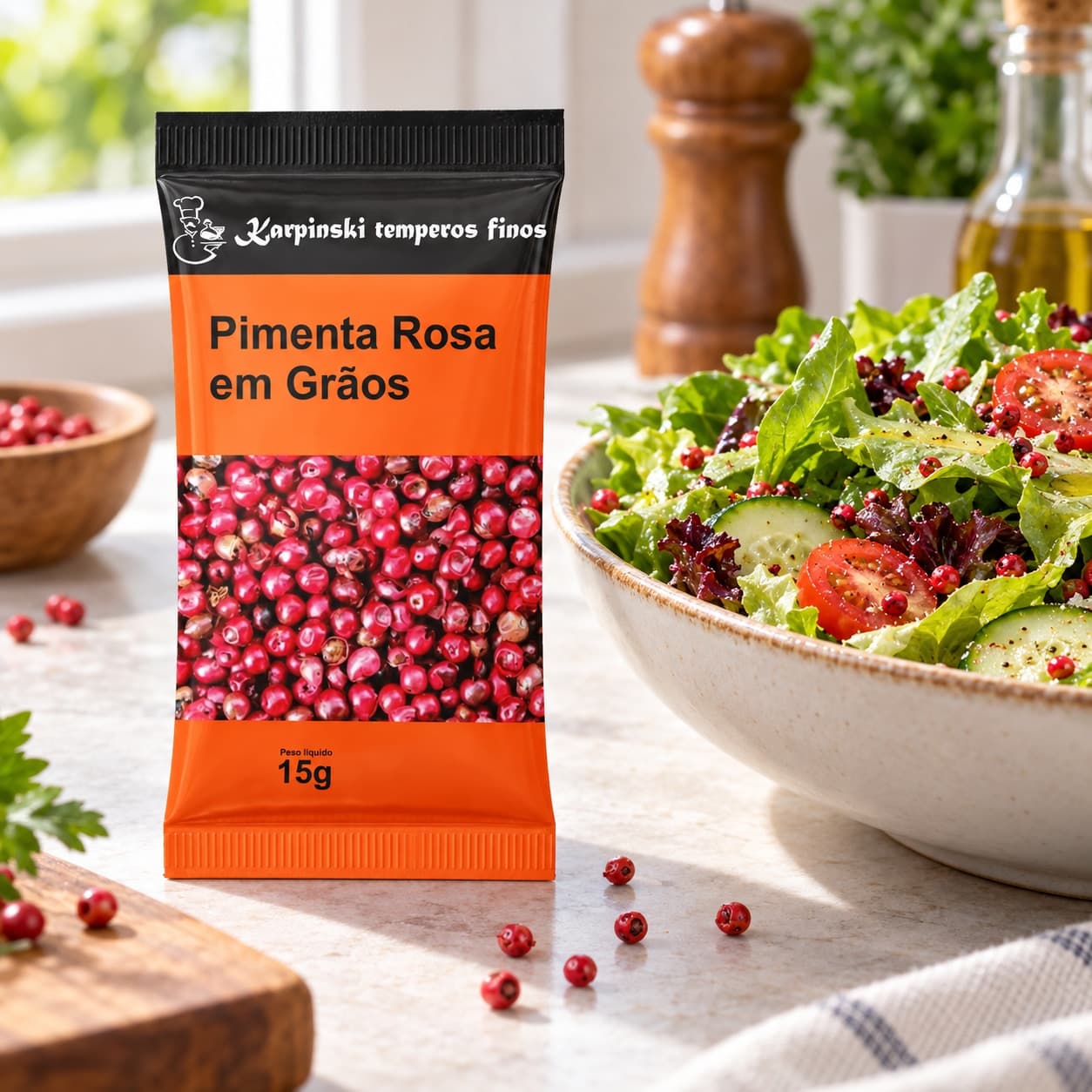 Tempero Pimenta Rosa em Grãos em Sachê Karpinski 15 g — ao lado de salada verde