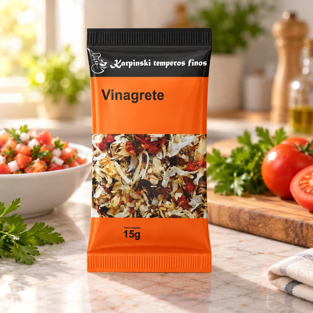 Tempero para Vinagrete em Sachê Karpinski 15 g — na bancada da cozinha