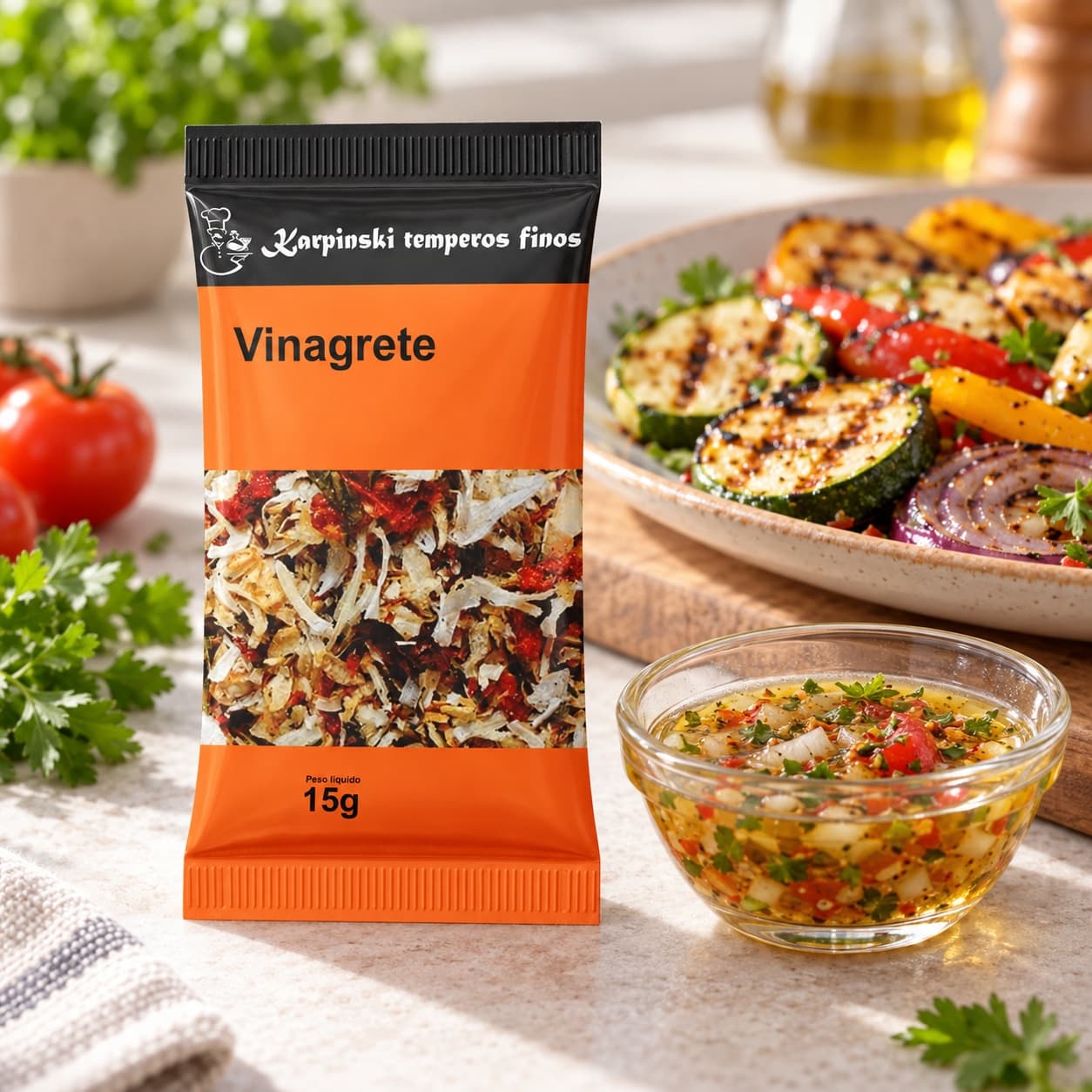Tempero para Vinagrete em Sachê Karpinski 15 g — ao lado de legumes grelhados e vinagrete