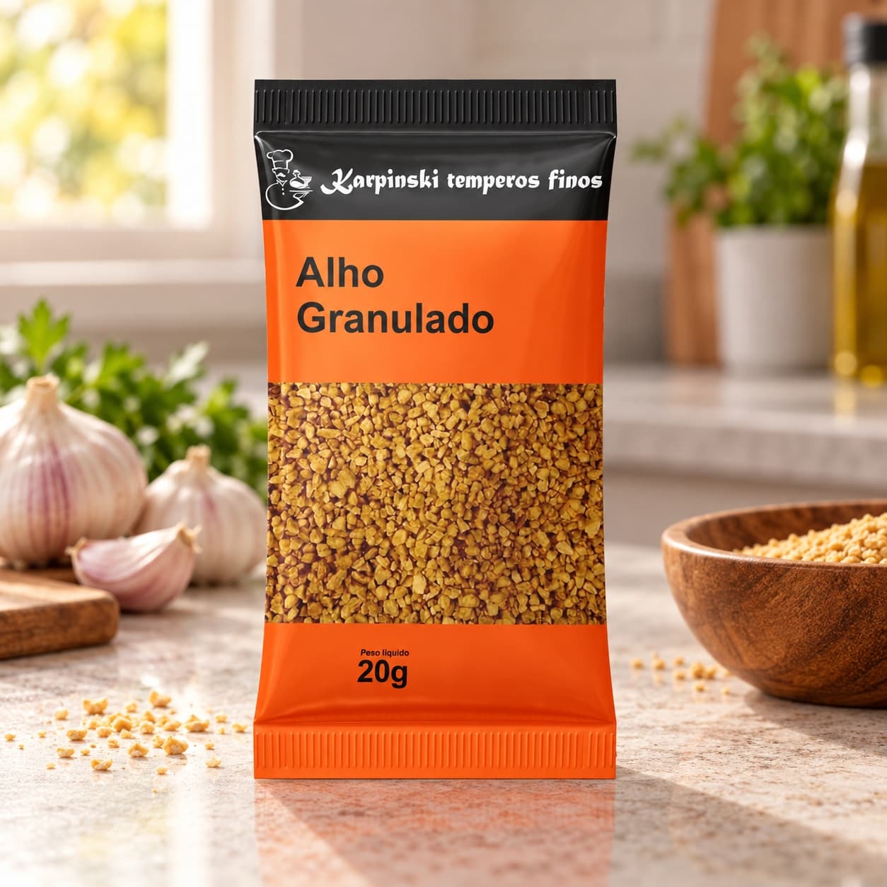 Tempero Alho Granulado em Sachê Karpinski 20 g — na bancada da cozinha