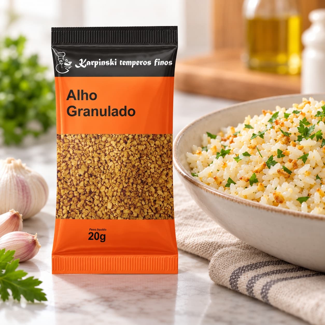 Tempero Alho Granulado em Sachê Karpinski 20 g — ao lado de arroz com alho