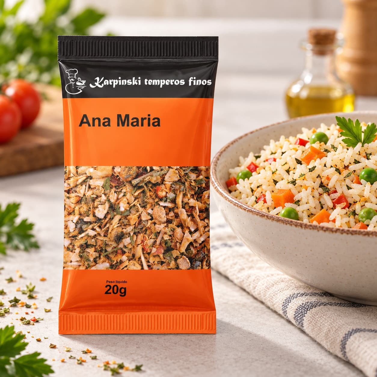 Tempero Ana Maria em Sachê Karpinski 20 g — ao lado de arroz com legumes