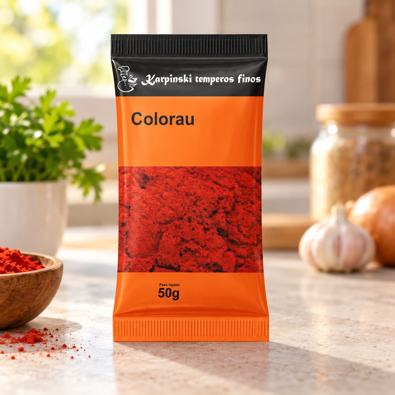 Tempero Colorau em Sachê Karpinski 50 g — na bancada da cozinha