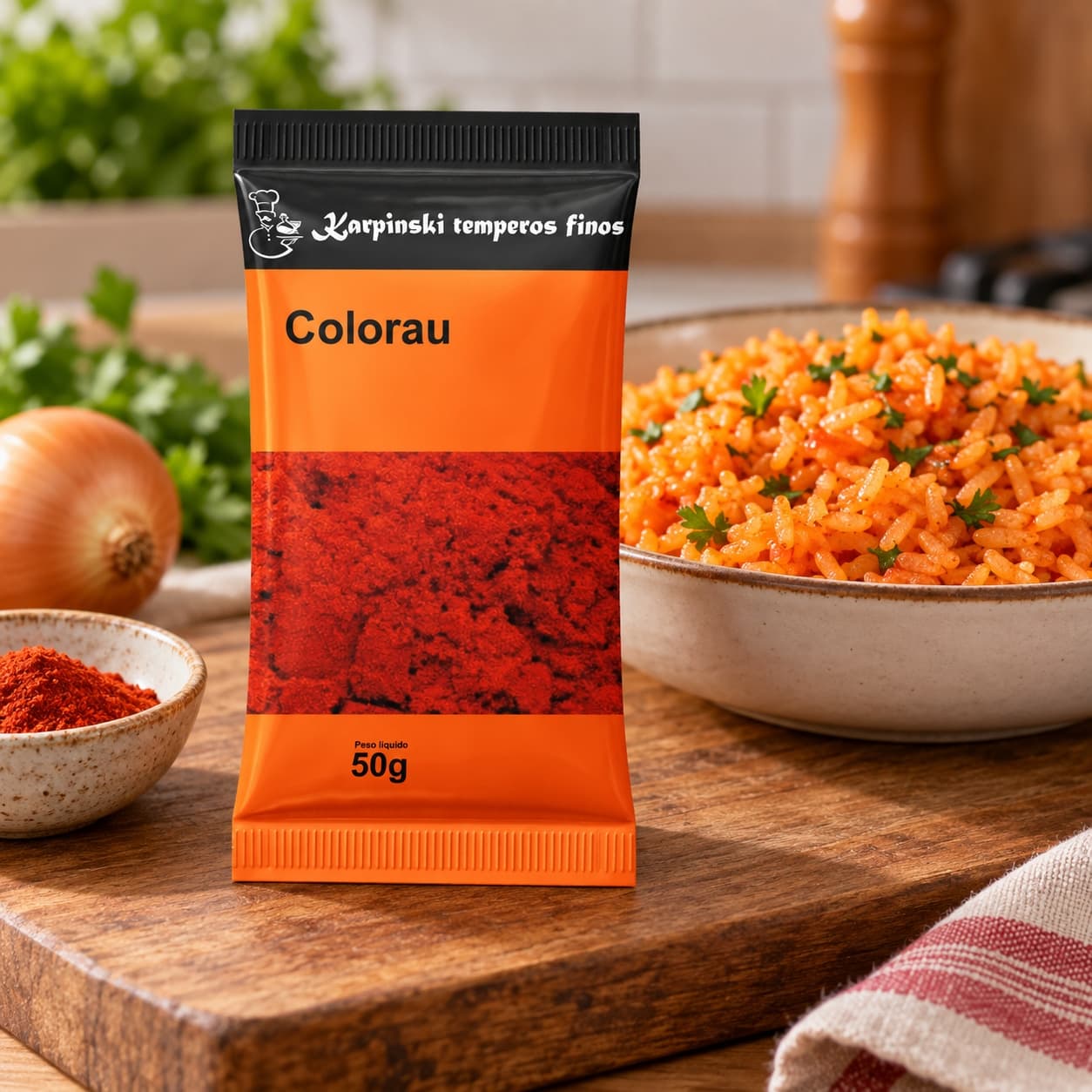 Tempero Colorau em Sachê Karpinski 50 g — no preparo com arroz cozido
