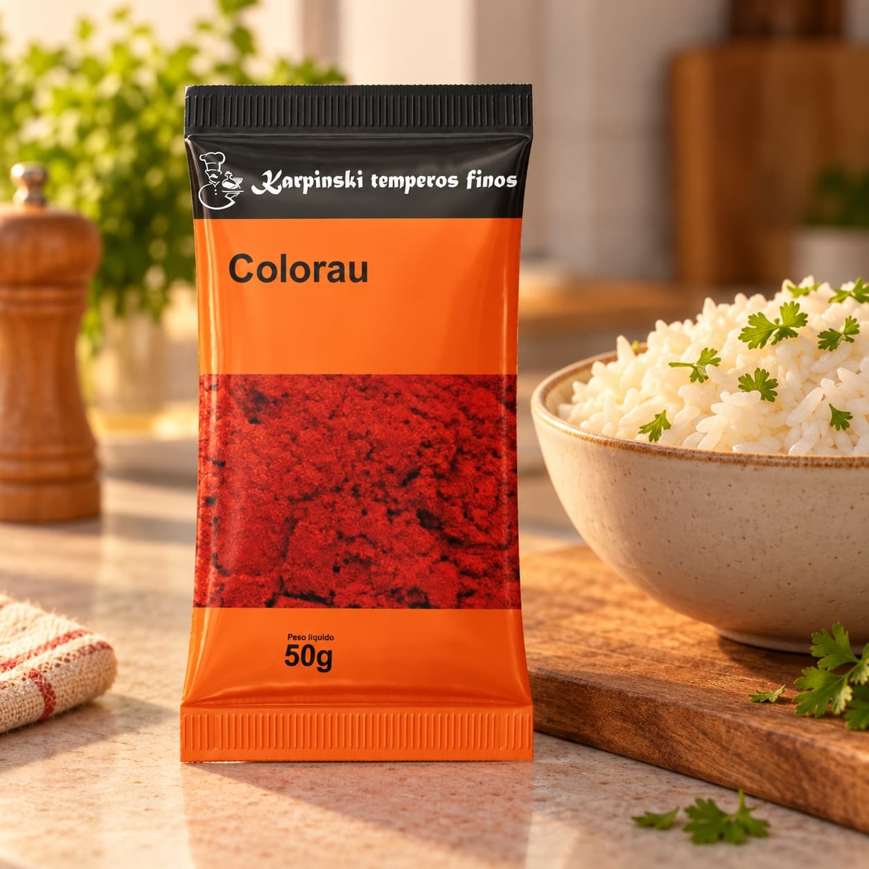 Tempero Colorau em Sachê Karpinski 50 g — com arroz cozido