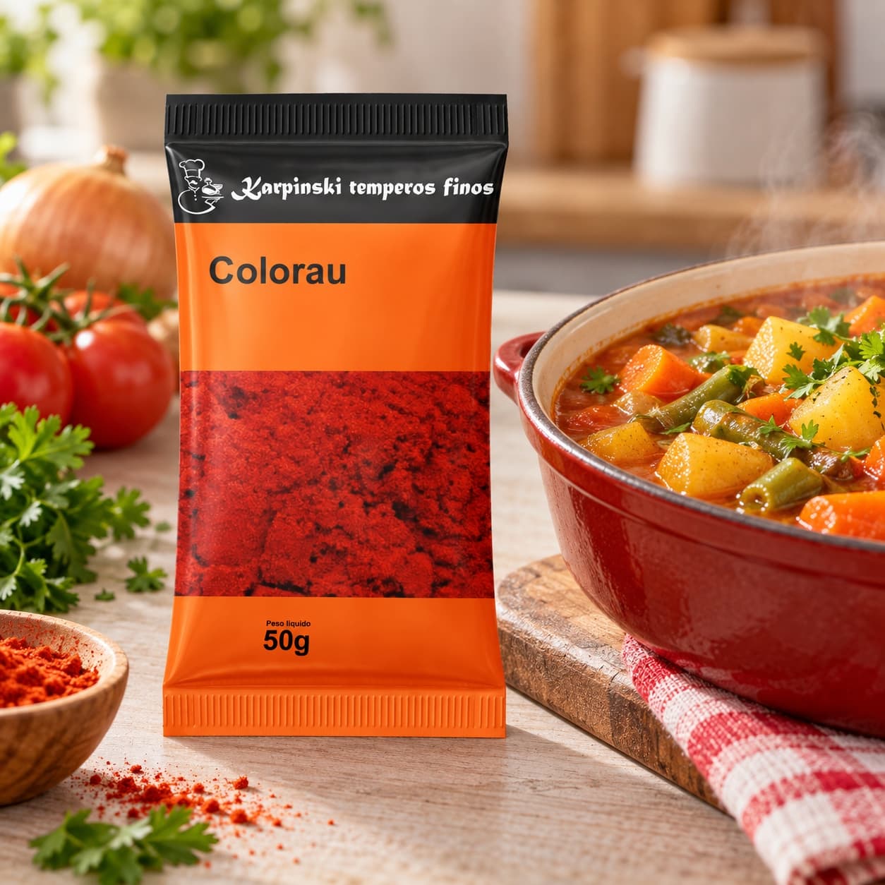 Tempero Colorau em Sachê Karpinski 50 g — ao lado de ensopado de legumes