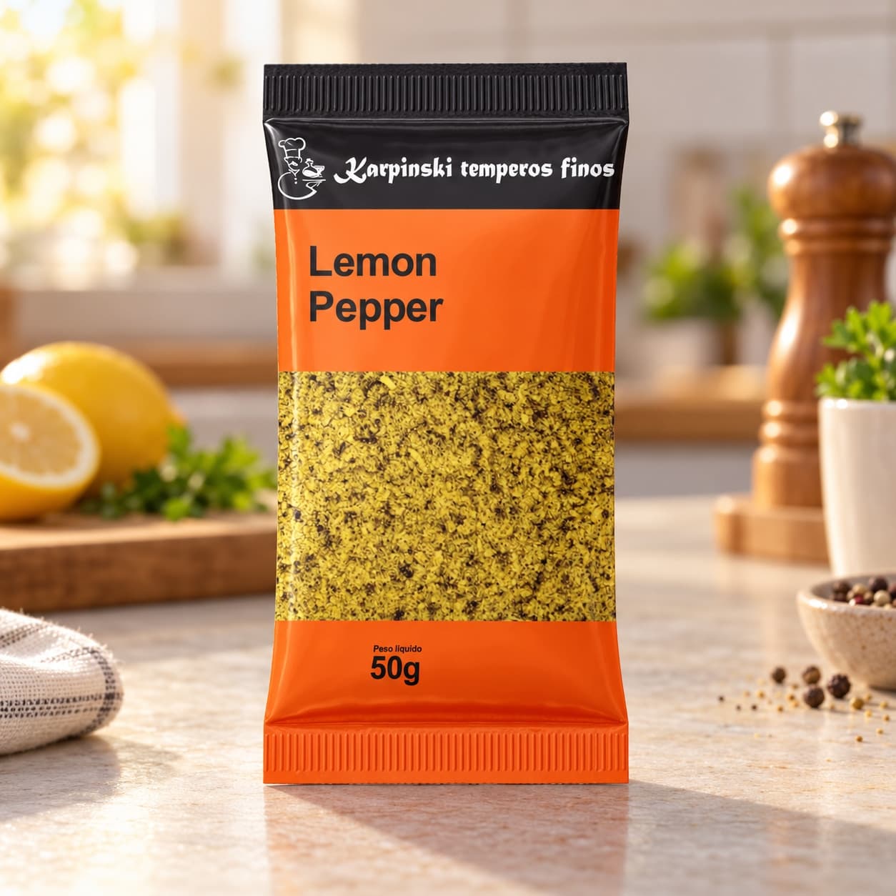 Tempero Lemon Pepper em Sachê Karpinski 50 g — na bancada da cozinha