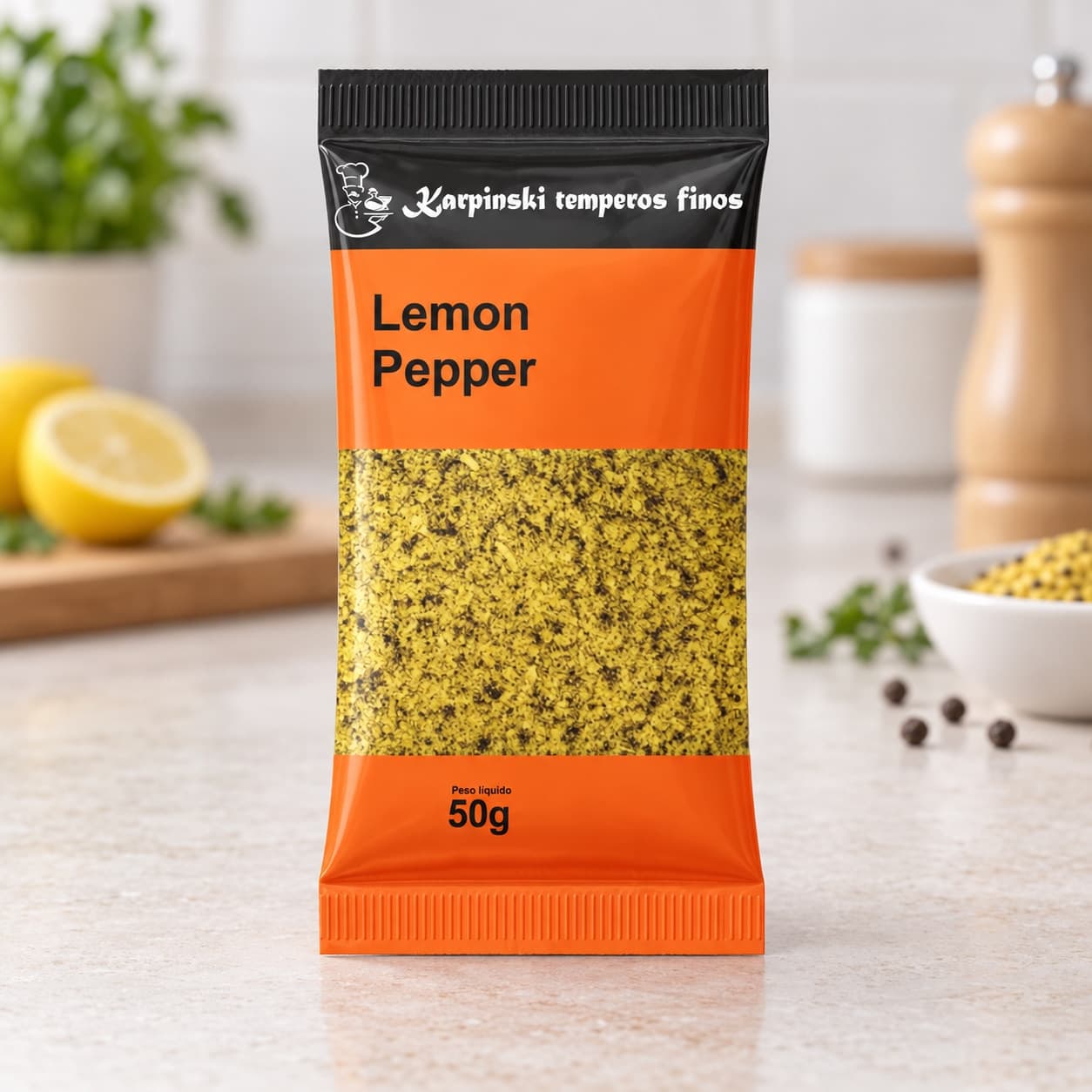 Tempero Lemon Pepper em Sachê Karpinski 50 g — detalhe da embalagem e do rótulo