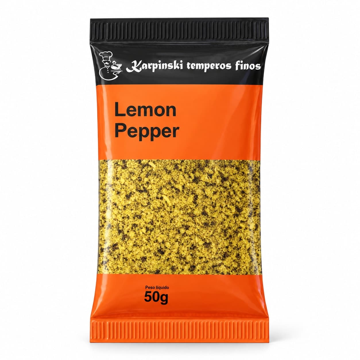 Tempero Lemon Pepper em Sachê Karpinski 50 g — embalagem em fundo branco
