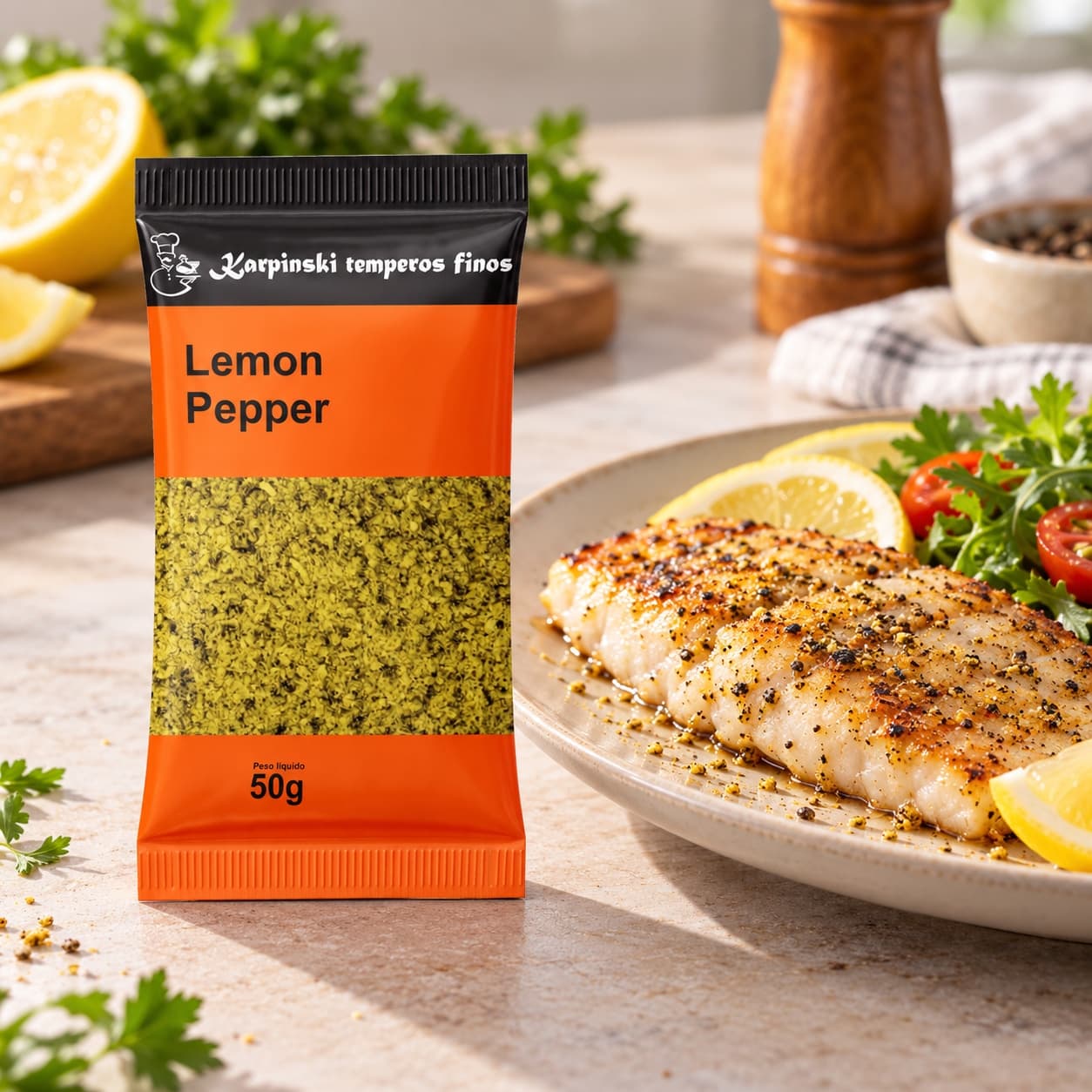 Tempero Lemon Pepper em Sachê Karpinski 50 g — ao lado de peixe grelhado