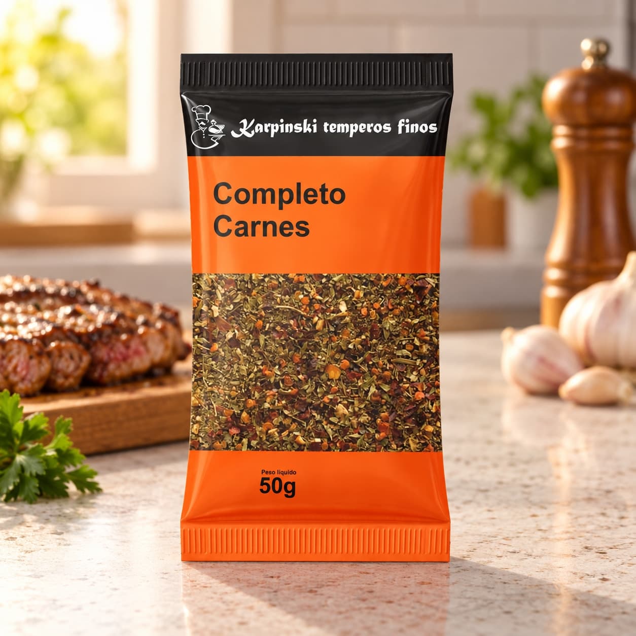 Tempero Completo para Carnes em Sachê Karpinski 50 g — na bancada da cozinha