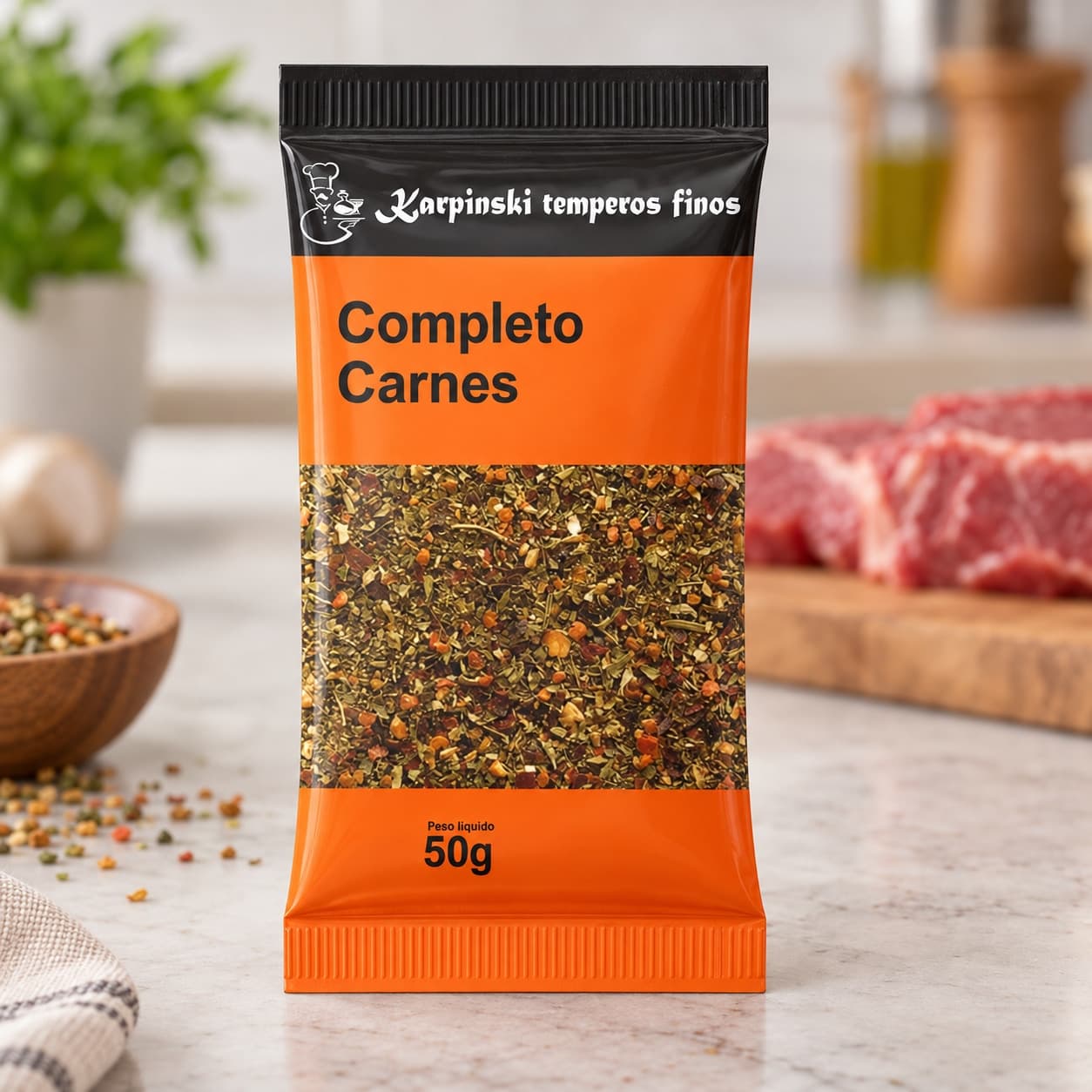 Tempero Completo para Carnes em Sachê Karpinski 50 g — detalhe da embalagem e do rótulo