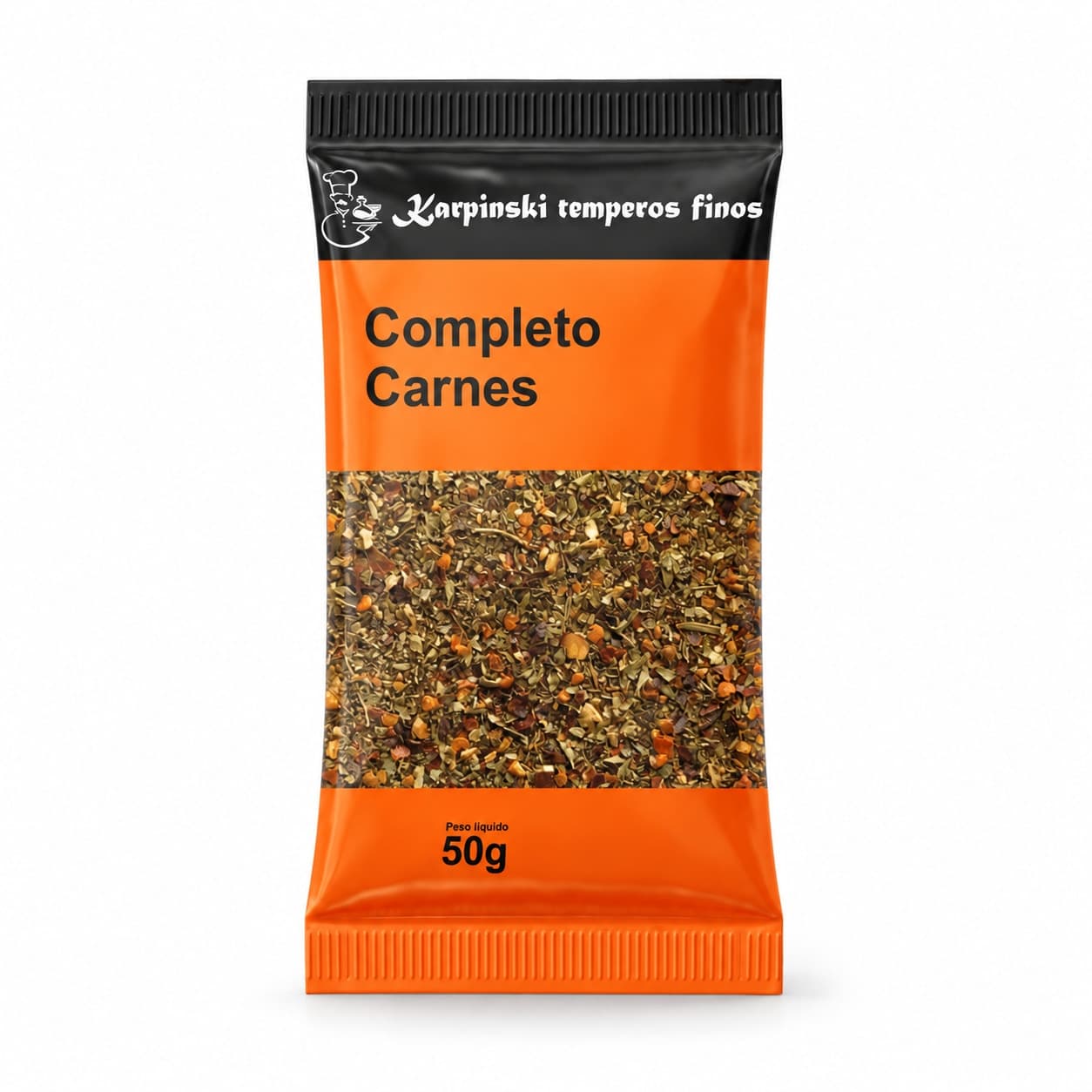 Tempero Completo para Carnes em Sachê Karpinski 50 g — embalagem em fundo branco