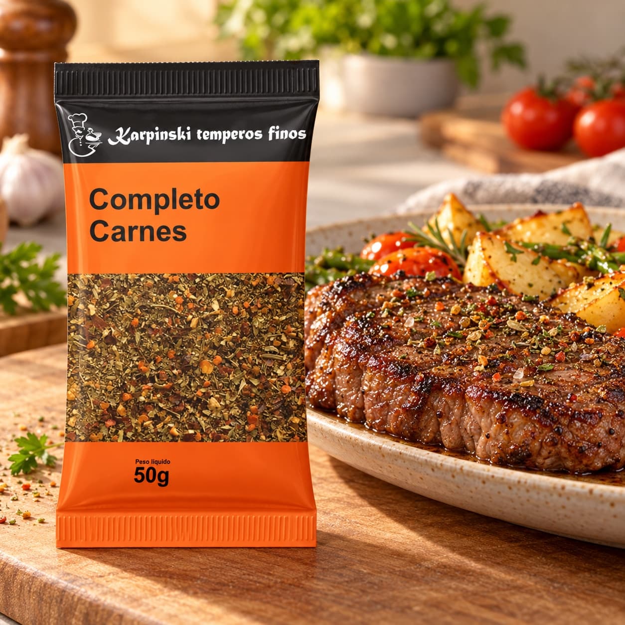 Tempero Completo para Carnes em Sachê Karpinski 50 g — com carne cozida com legumes