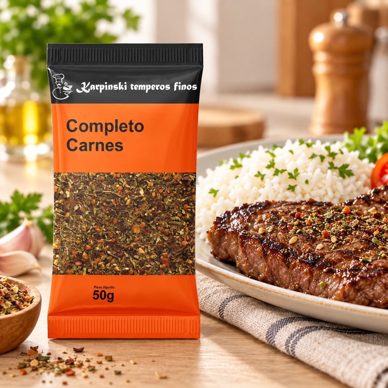 Tempero Completo para Carnes em Sachê Karpinski 50 g — ao lado de carne com arroz
