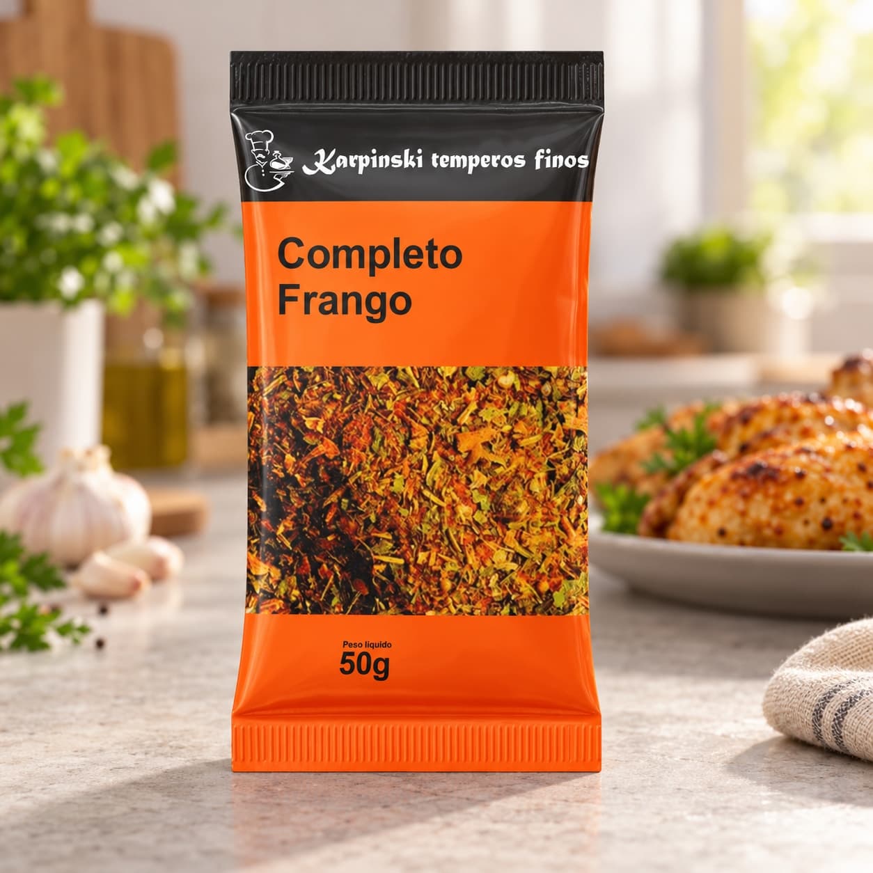 Tempero Completo para Frango em Sachê Karpinski 50 g — na bancada da cozinha