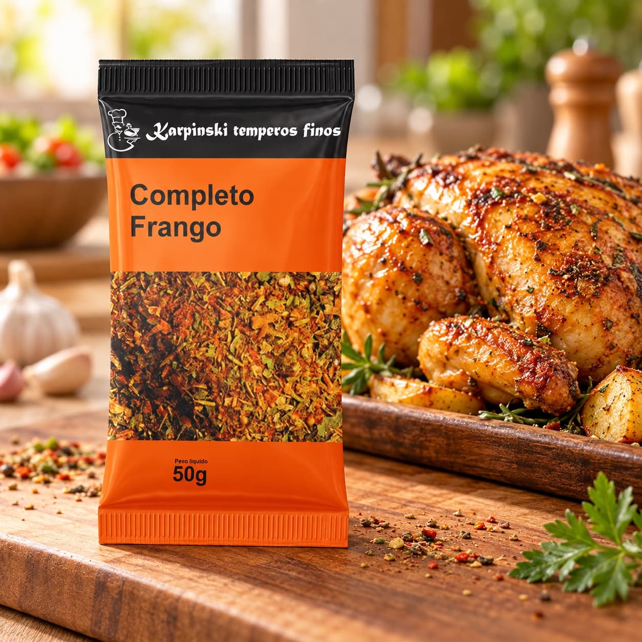 Tempero Completo para Frango em Sachê Karpinski 50 g — no preparo com frango assado