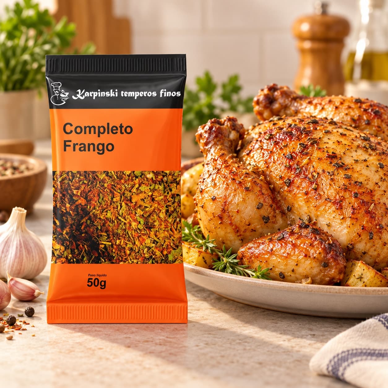 Tempero Completo para Frango em Sachê Karpinski 50 g — com frango assado
