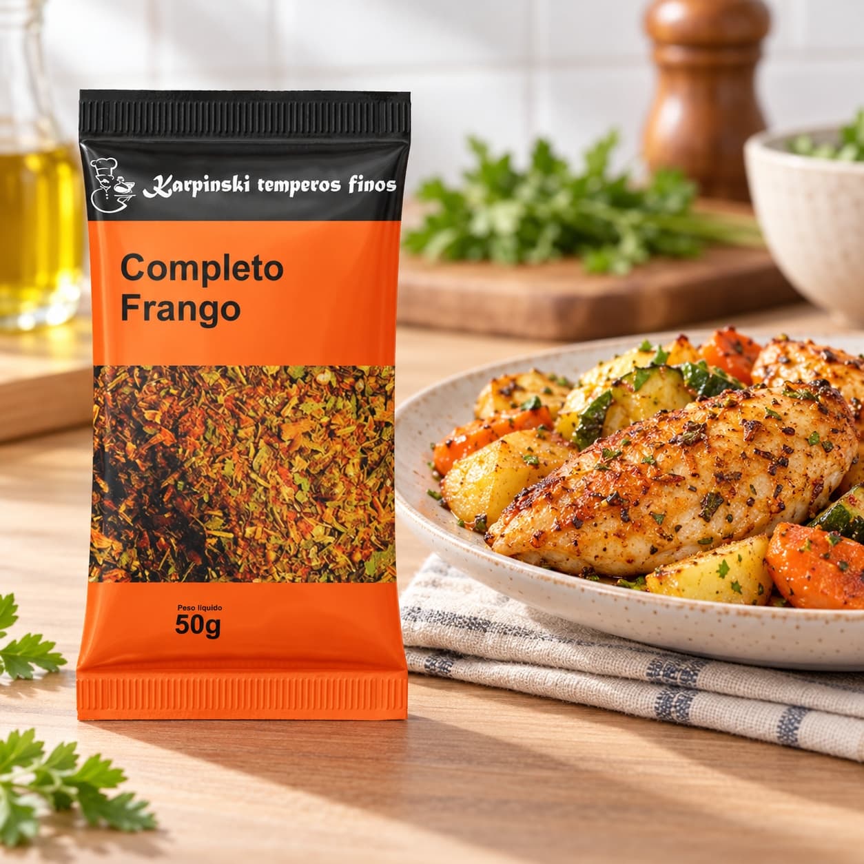 Tempero Completo para Frango em Sachê Karpinski 50 g — ao lado de frango com legumes