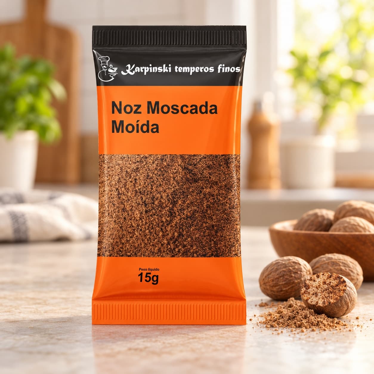 Tempero Noz-Moscada Moída em Sachê Karpinski 15 g — na bancada da cozinha