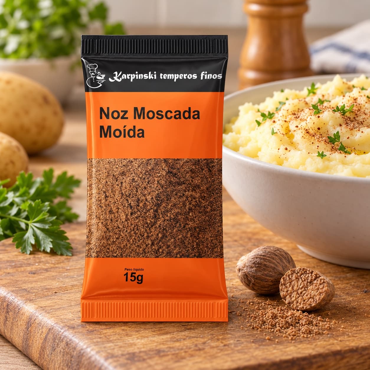 Tempero Noz-Moscada Moída em Sachê Karpinski 15 g — no preparo com purê de batatas