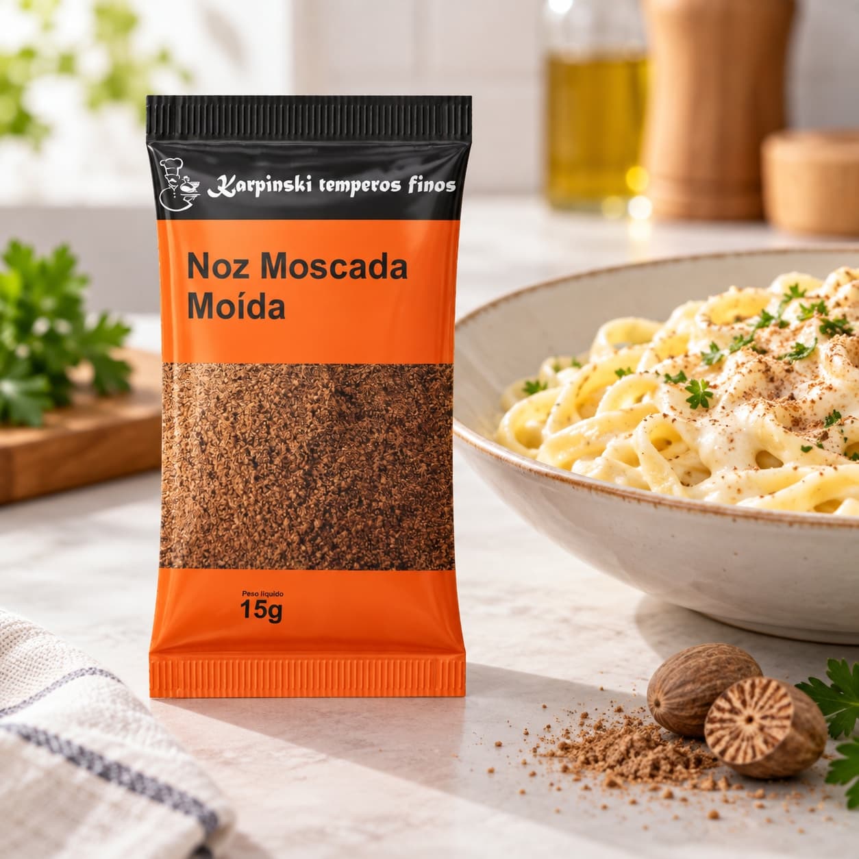Tempero Noz-Moscada Moída em Sachê Karpinski 15 g — ao lado de massa ao molho branco