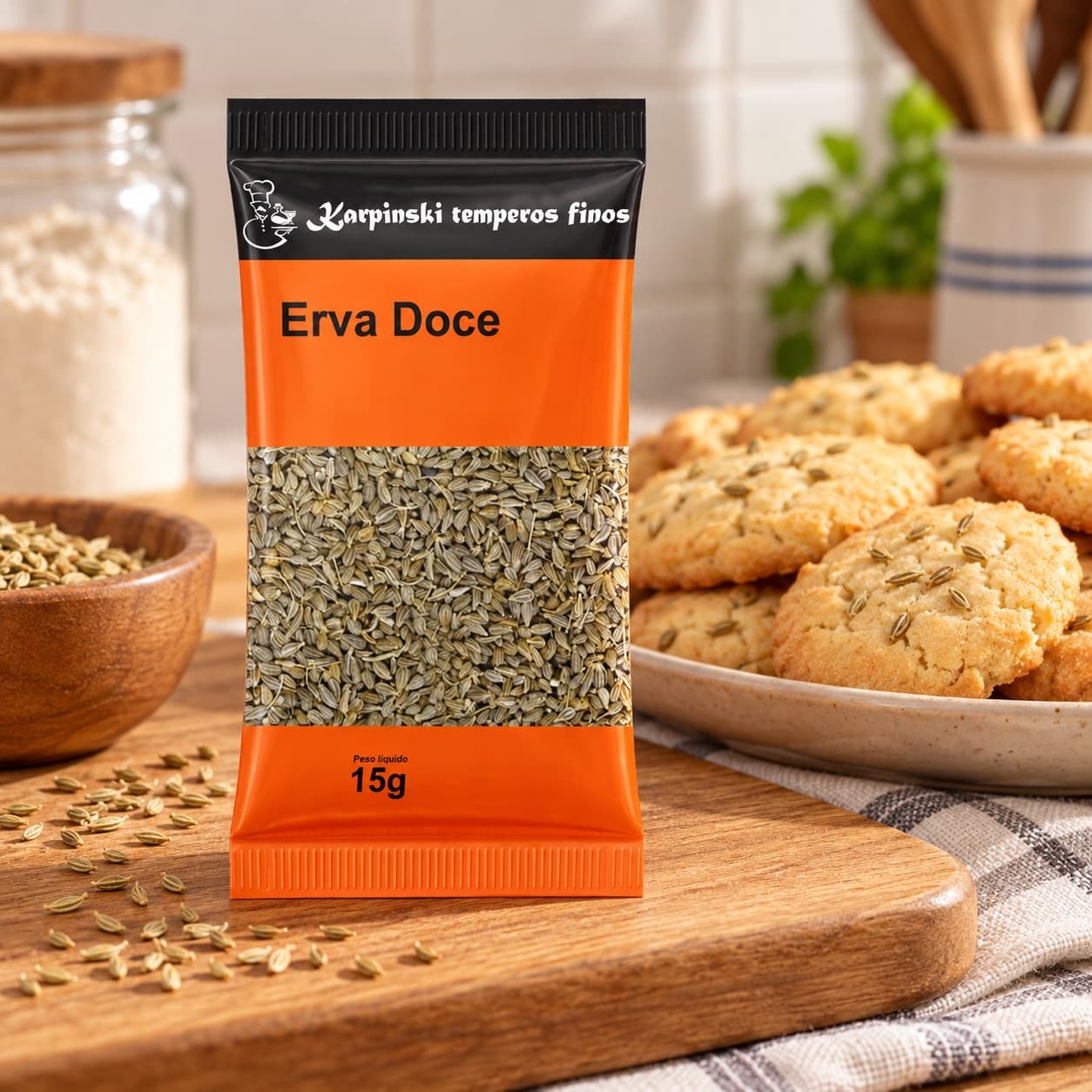 Tempero Erva-Doce em Sachê Karpinski 15 g — no preparo com biscoitos caseiros