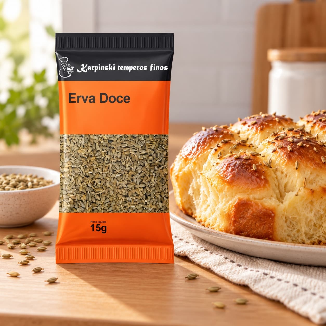 Tempero Erva-Doce em Sachê Karpinski 15 g — ao lado de pão doce caseiro