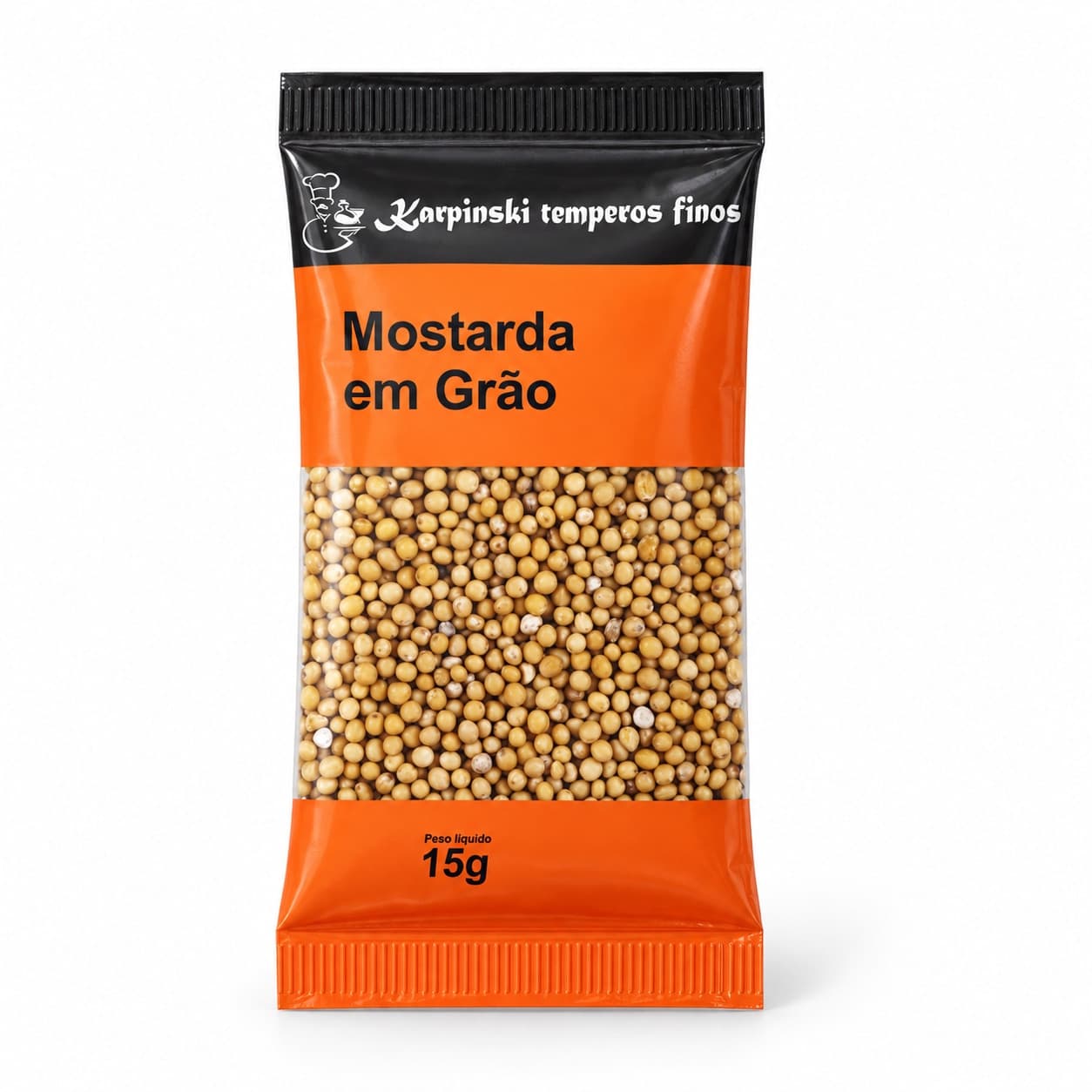 Tempero Mostarda em Grão em Sachê Karpinski 15 g — embalagem em fundo branco