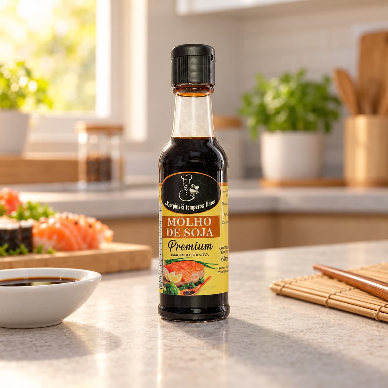 Molho de Soja Karpinski 60 ml — na bancada da cozinha