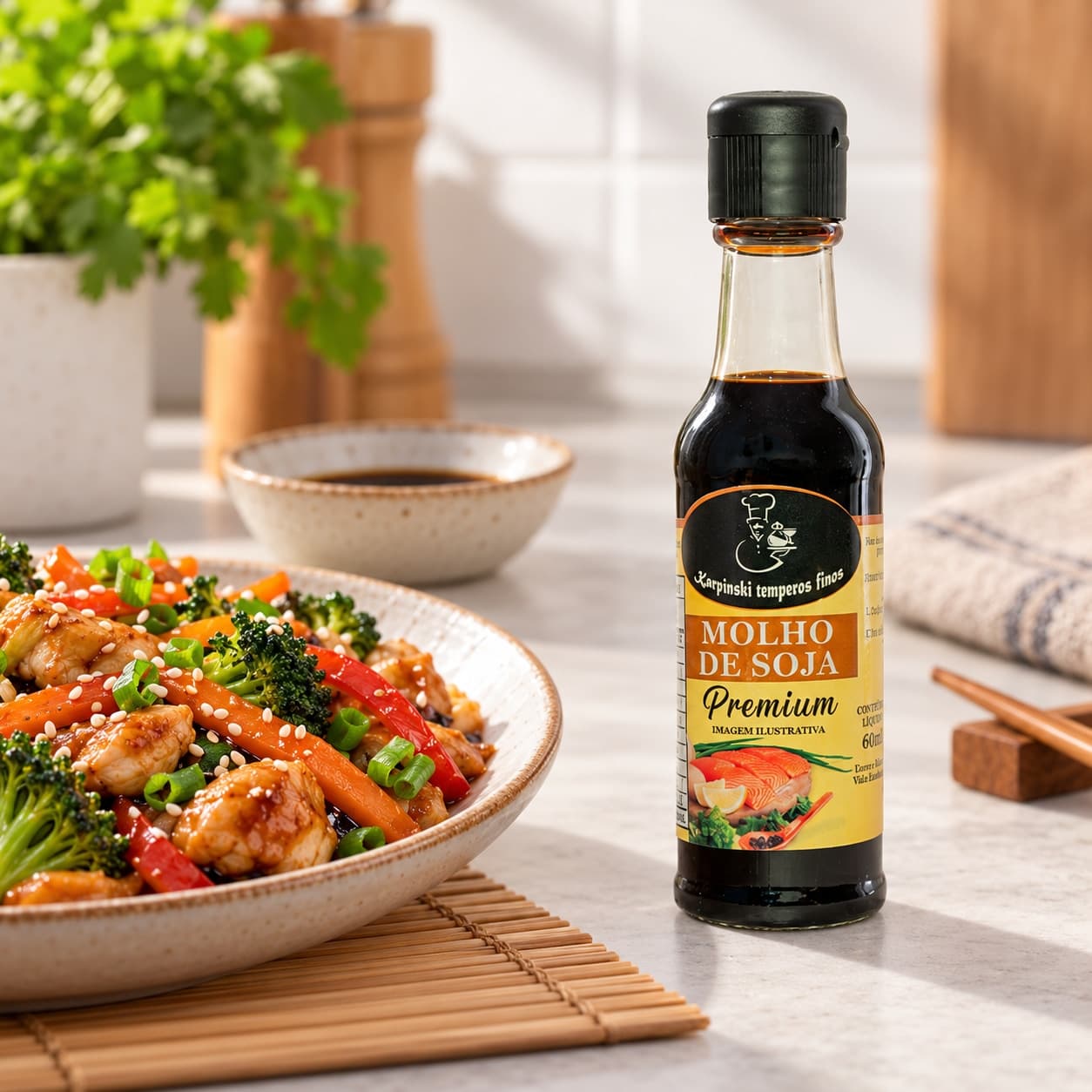 Molho de Soja Karpinski 60 ml — ao lado de refeição salgada
