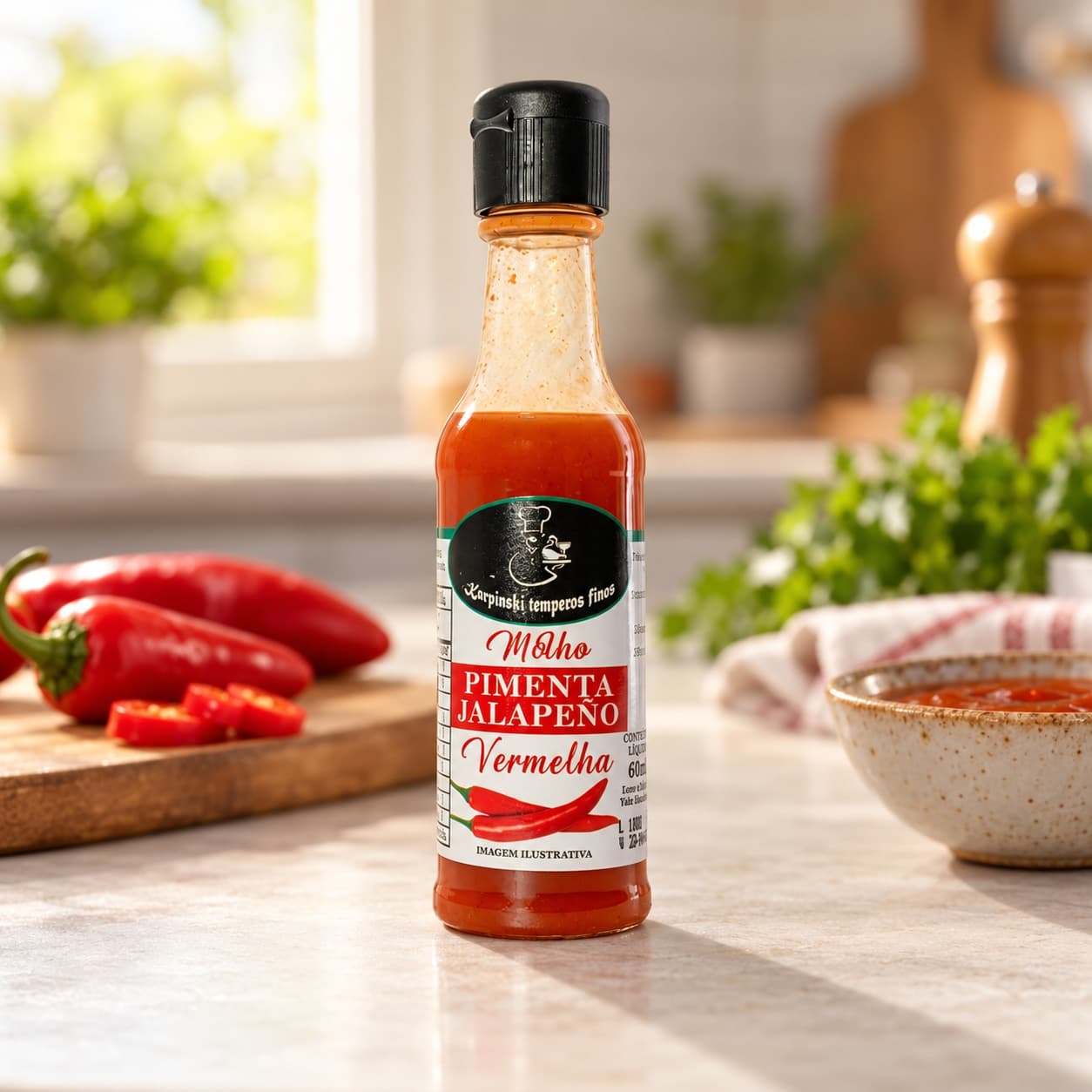 Molho de Pimenta Jalapeño Vermelha Karpinski 60 ml — na bancada da cozinha