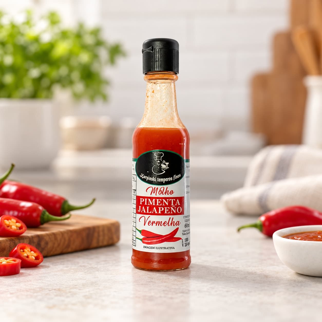Molho de Pimenta Jalapeño Vermelha Karpinski 60 ml — detalhe da embalagem e do rótulo