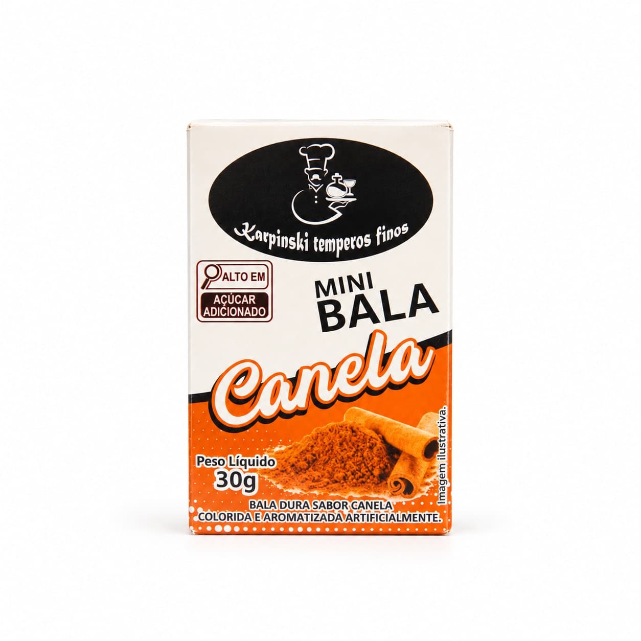 Mini Bala de Canela Display com 12 Karpinski — caixinha de 30 g em fundo branco