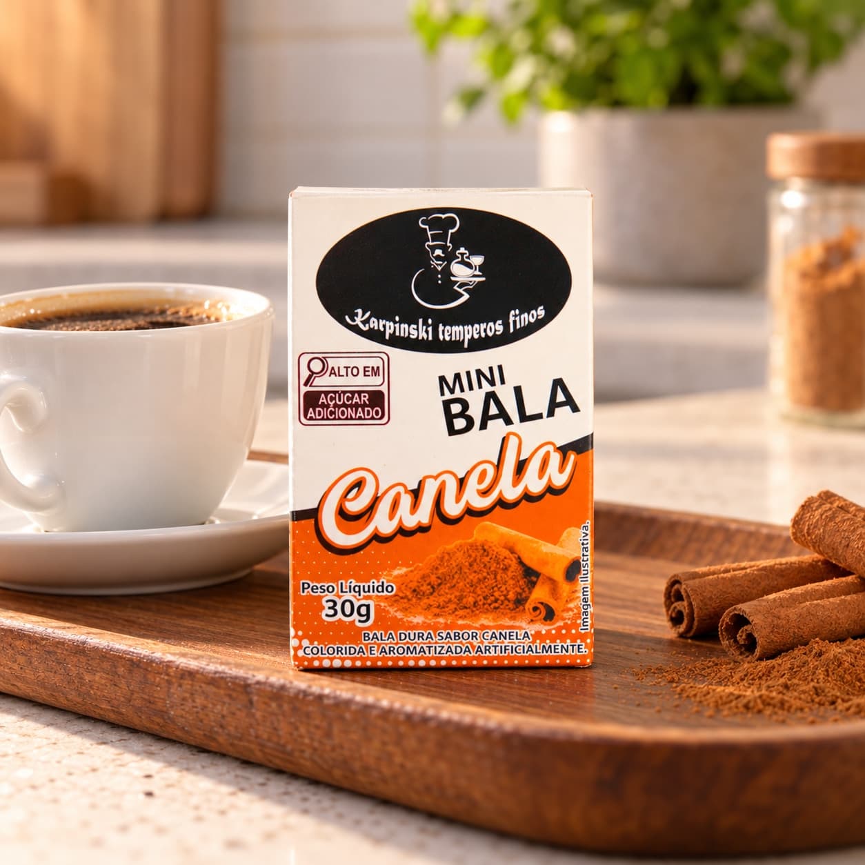 Mini Bala de Canela Display com 12 Karpinski — caixinha de 30 g, com café servido em bandeja