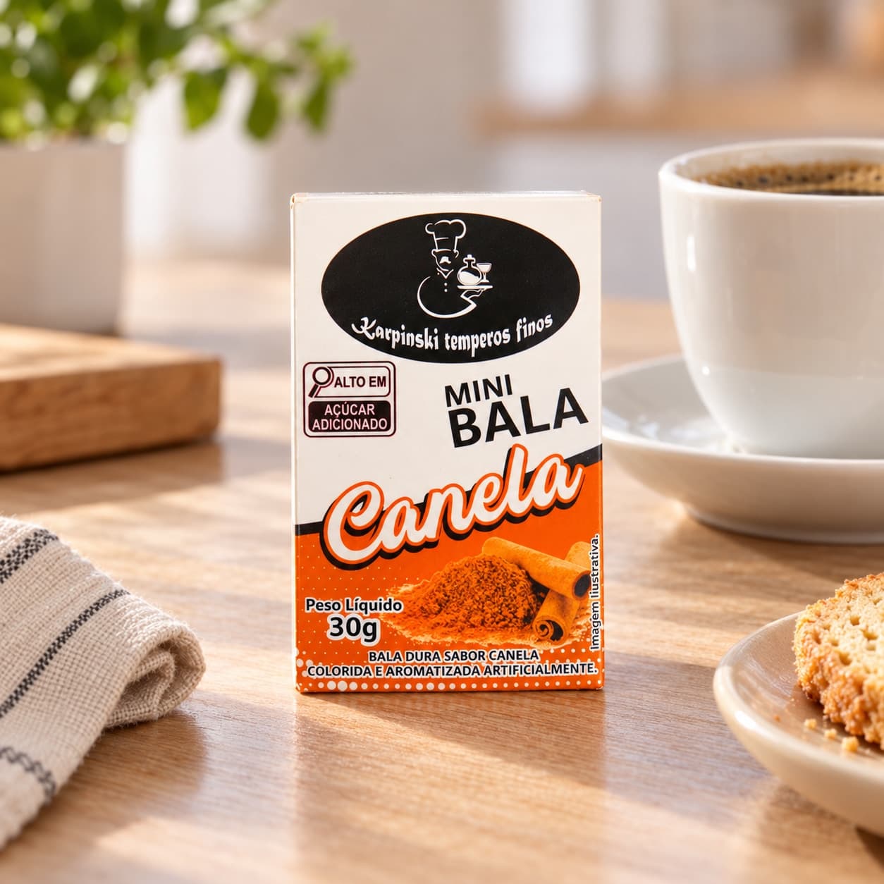 Mini Bala de Canela Display com 12 Karpinski — caixinha de 30 g, ao lado de mesa de café da tarde