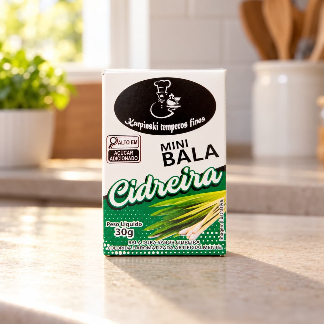 Mini Bala de Cidreira Display com 12 Karpinski — caixinha de 30 g, na bancada da cozinha