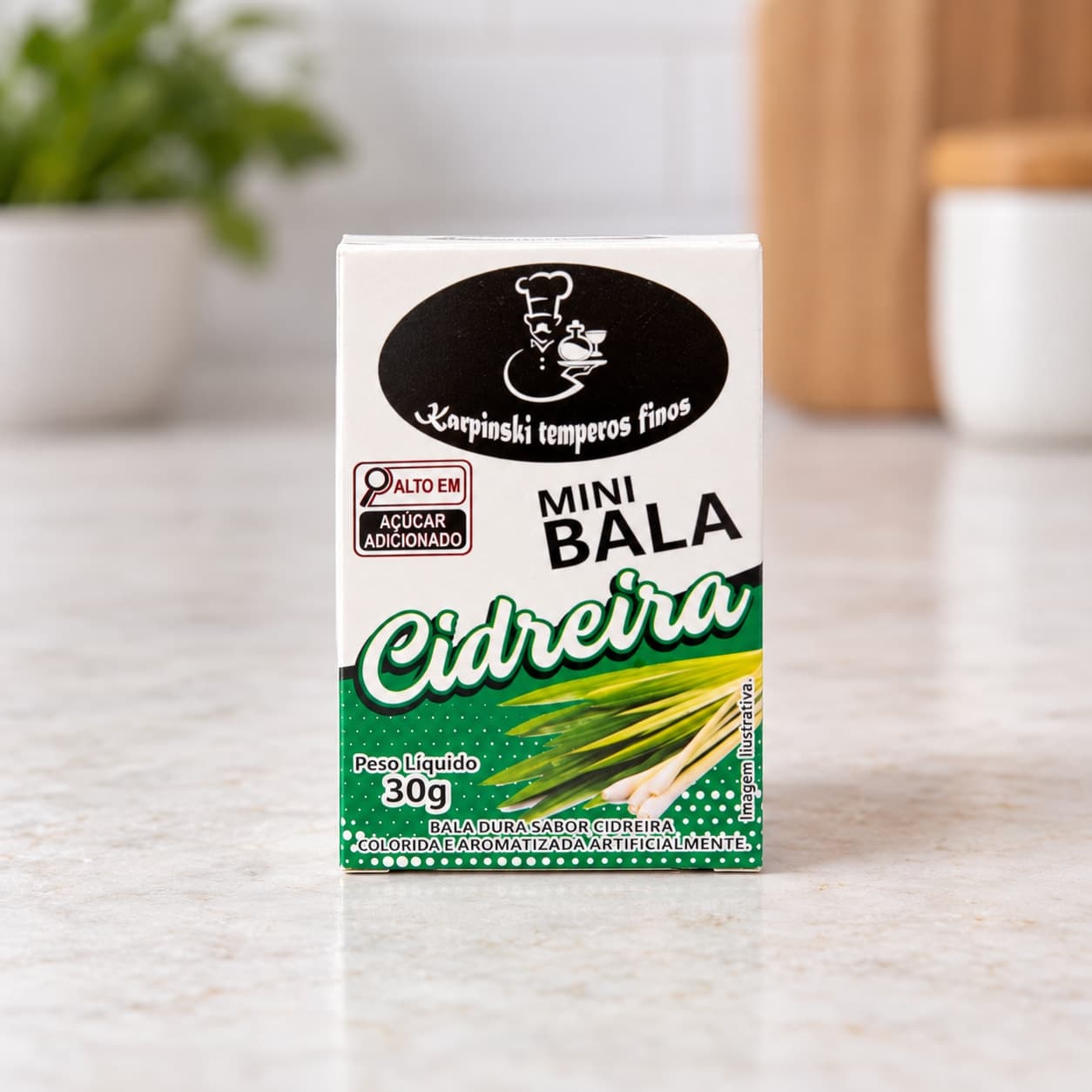 Mini Bala de Cidreira Display com 12 Karpinski — caixinha de 30 g, detalhe da embalagem e do rótulo