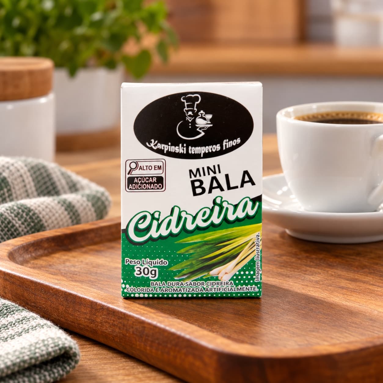 Mini Bala de Cidreira Display com 12 Karpinski — caixinha de 30 g, no preparo com café servido em bandeja