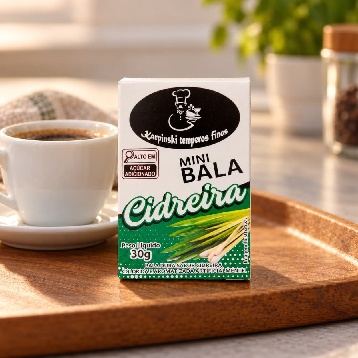 Mini Bala de Cidreira Display com 12 Karpinski — caixinha de 30 g, com café servido em bandeja