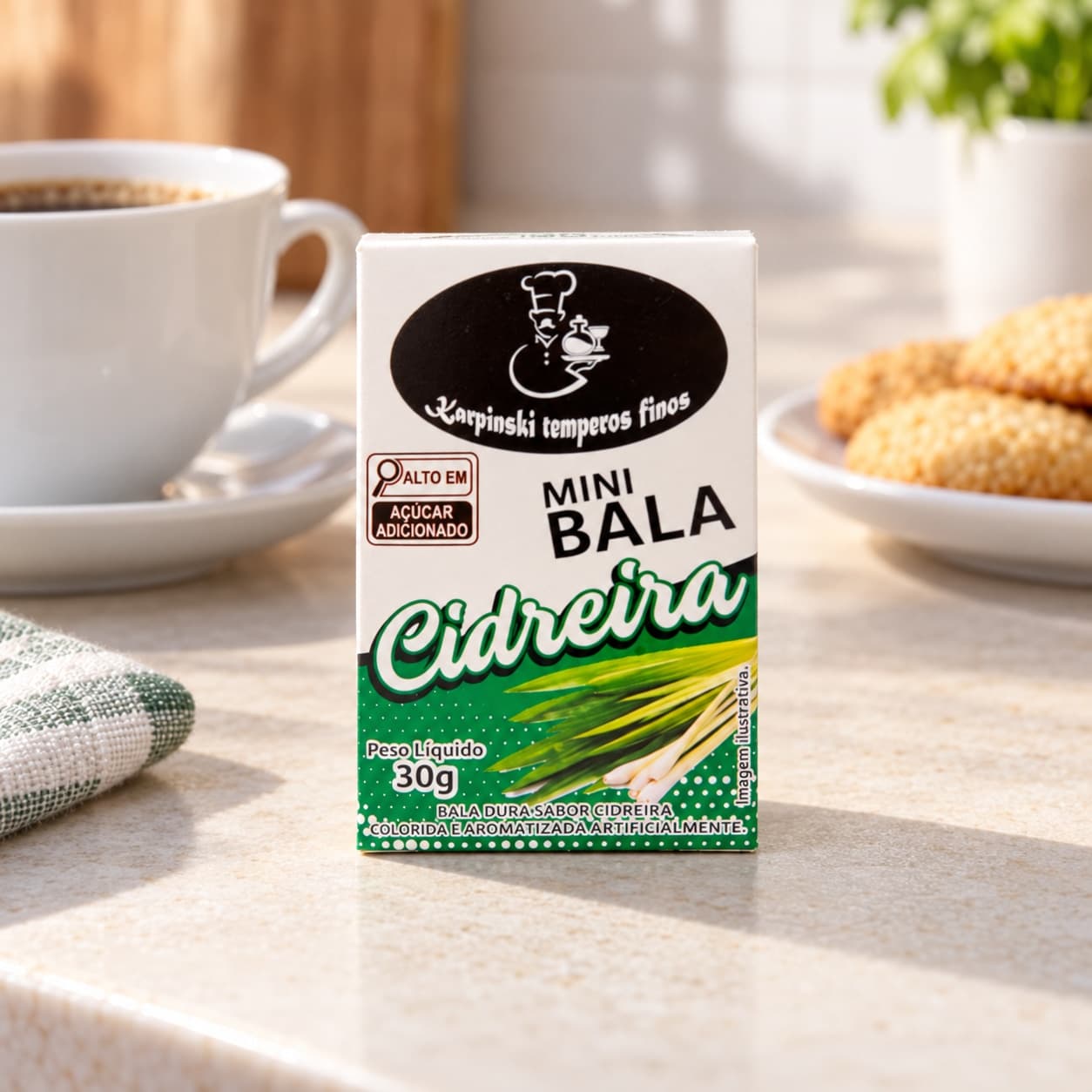Mini Bala de Cidreira Display com 12 Karpinski — caixinha de 30 g, ao lado de mesa de café da tarde