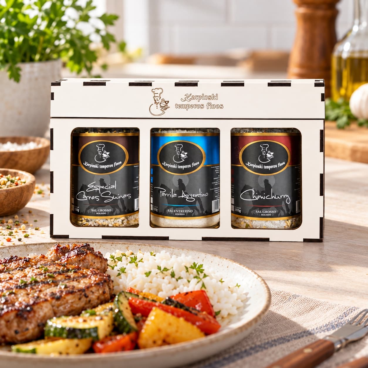 Kit Sabores da Pampa Karpinski — ao lado de refeição com arroz e legumes