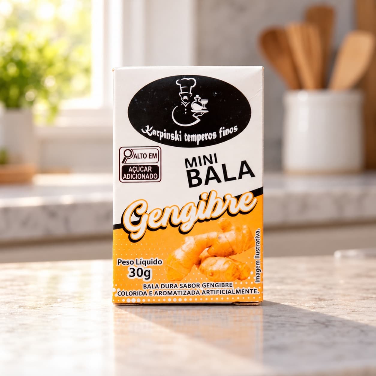 Mini Bala de Gengibre Display com 12 Karpinski — caixinha de 30 g, na bancada da cozinha