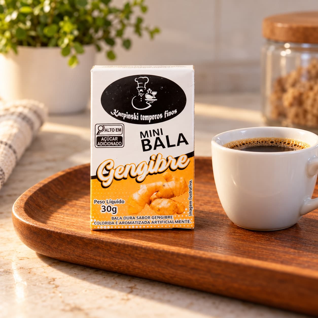 Mini Bala de Gengibre Display com 12 Karpinski — caixinha de 30 g, com café servido em bandeja