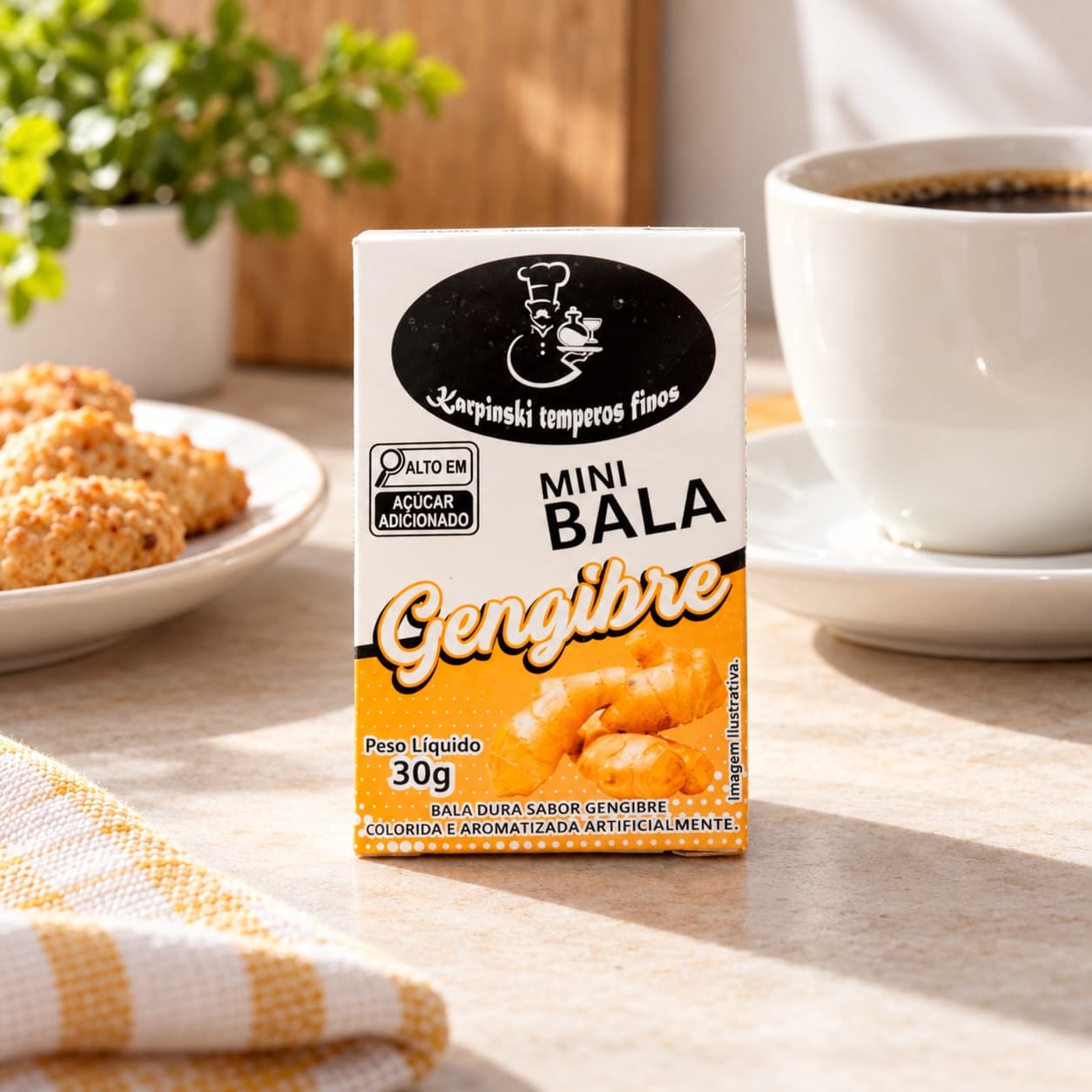 Mini Bala de Gengibre Display com 12 Karpinski — caixinha de 30 g, ao lado de mesa de café da tarde