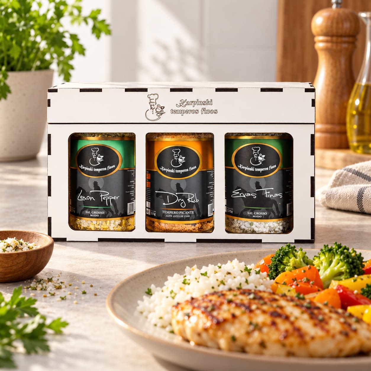 Kit Essência Cítrica Karpinski — ao lado de refeição com arroz e legumes