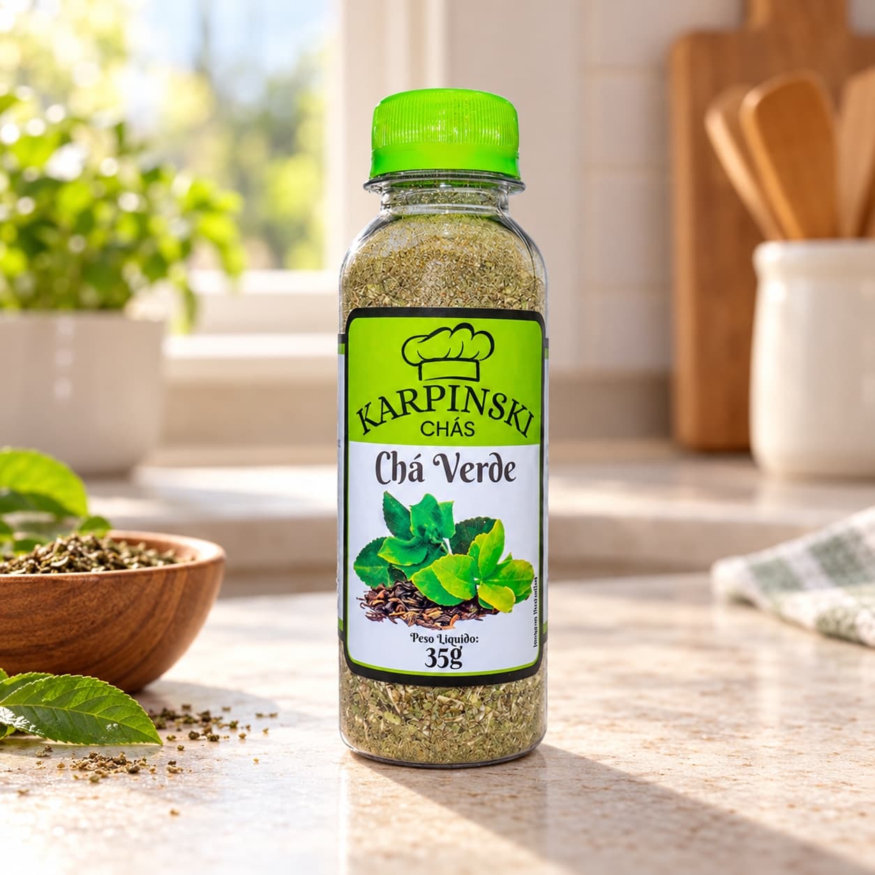 Chá Verde Karpinski 35 g — na bancada da cozinha